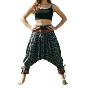 Harem Pants Thai Hill Tribe Adjustable Ankle Straps Pocket Festival Yoga Med